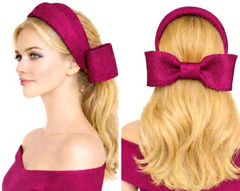 Diadema con lazo de sinamay rosa cereza, tocado con lazo trasero para bodas y carreras de caballos.