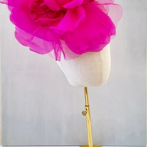 Magenta Pink Flower Pillbox Hat Fascinator, with Large Pink Organza Silk Flower, Straw Percher, image 5