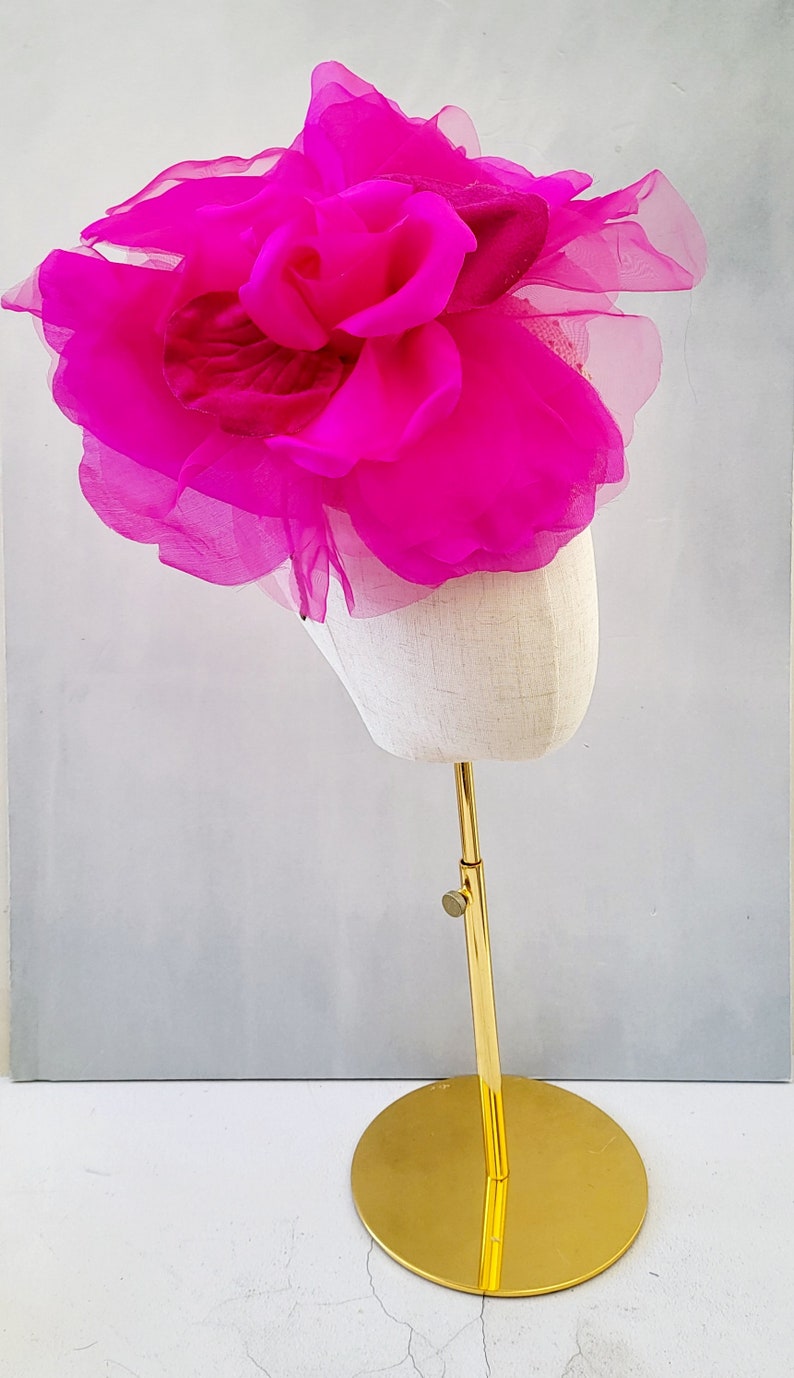 Magenta Pink Flower Pillbox Hat Fascinator, with Large Pink Organza Silk Flower, Straw Percher, image 5