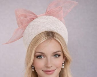 Pink Bow Headband Ivory Fascinator, on a Sinamay Halo Base, Back Bow