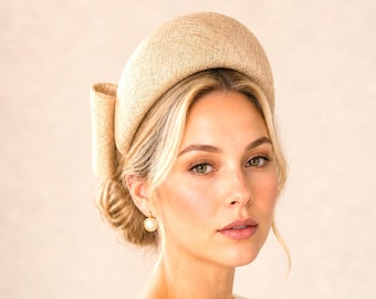 Beige Headband Fascinator, Back Bow Halo, 10cm Wide, Races Wedding Headpiece
