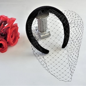Black Velvet Fascinator Headband Padded, with Blusher Veil, Races Headpiece, 2.5 cms wide,