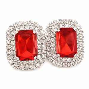 Clip On Earrings Red Crystal Rhinestone Drop Silver Tone Cluster Rectangular
