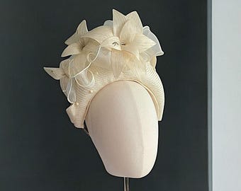 Ivory Silk Flower Fascinator Headband 4 Inch Wide, Royal Ascot Races Wedding Hat
