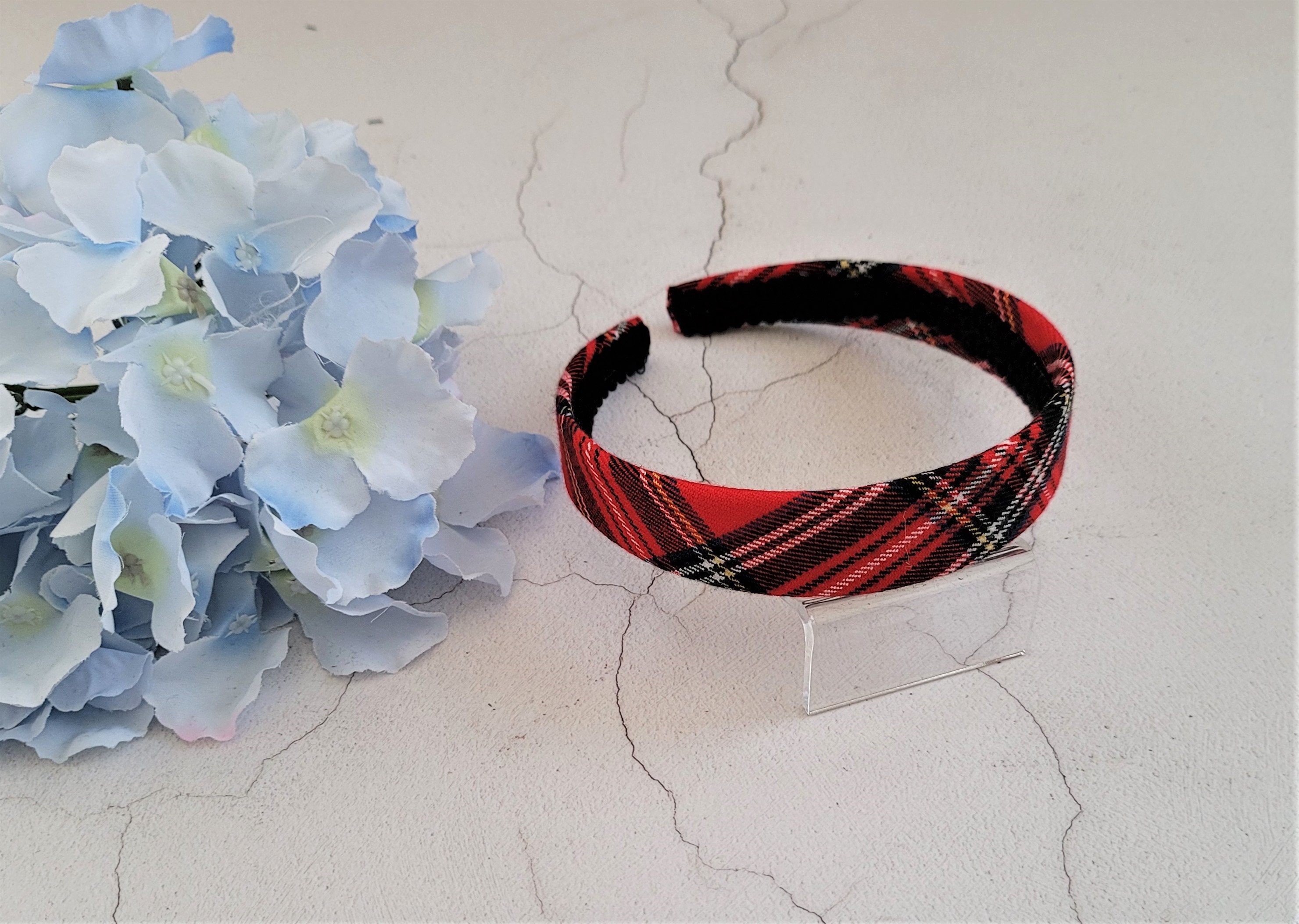 TRKETK 2 Stück Tartan Stirnbänder & 2 Haargummis Kariert - Vintage Design, Elastisch, Für Damen & Mädchen (Rot & Blau)
