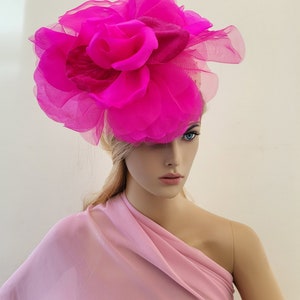 Magenta Pink Flower Pillbox Hat Fascinator, with Large Pink Organza Silk Flower, Straw Percher, image 3