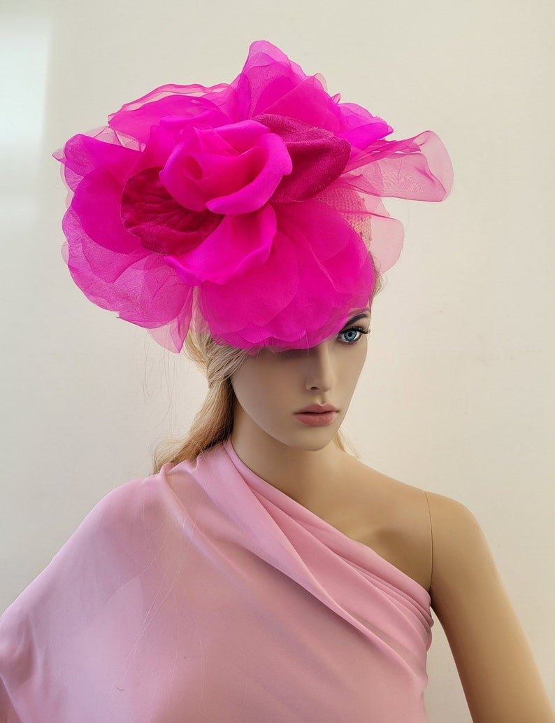 Magenta Pink Flower Pillbox Hat Fascinator, with Large Pink Organza Silk Flower, Straw Percher, image 3