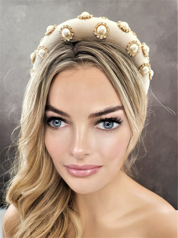Beige Gold Diamante Padded Headband, Jewelled Headpiece  display picture 2