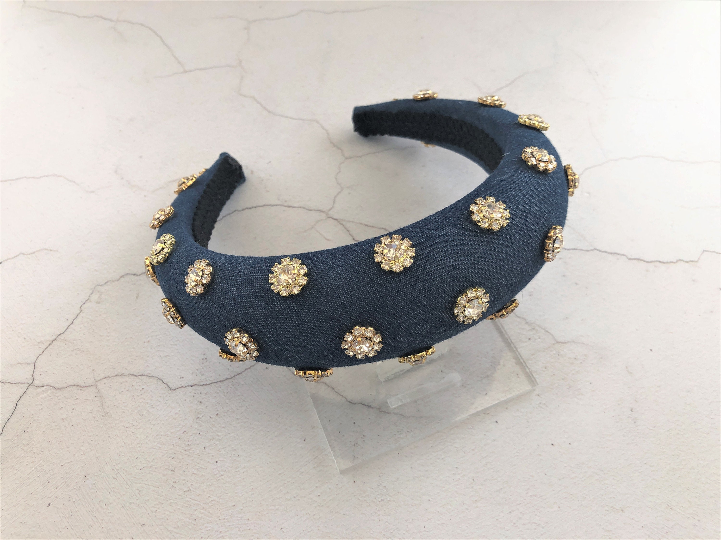 Denim Padded headband with Diamante Gold Tone Crystal Flowers Etsy