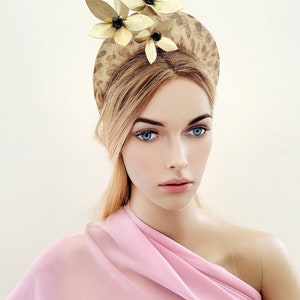 Leopard Animal Print Halo Fascinator Headband, with Gold Leather flowers, Beige Lightweight Races Headpiece image 7