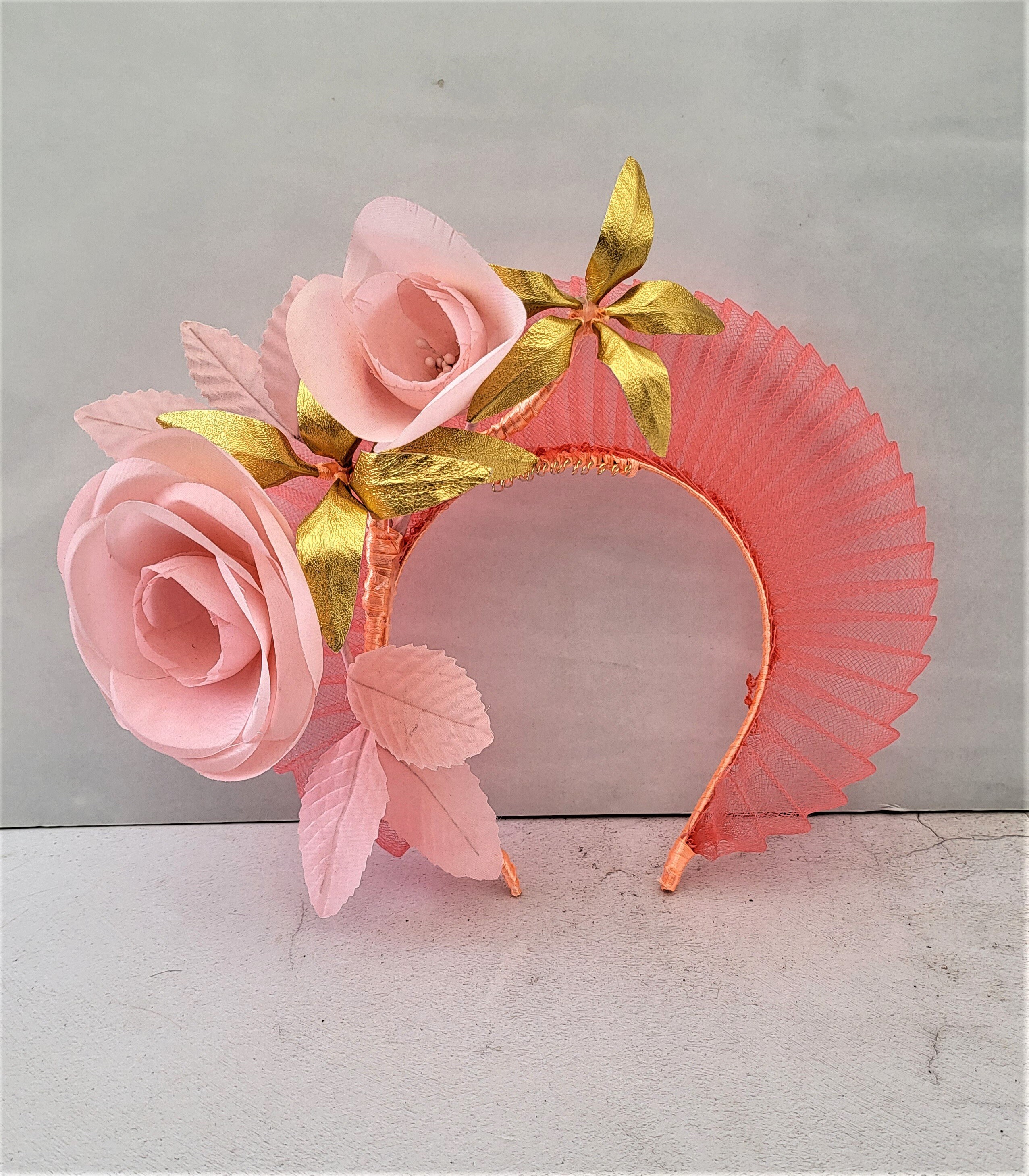 Coral pink/orange with gold tone hardware headband Coral Orange Fascinator Headband, Peach Silk Rose, Gold Leaf  main image 3