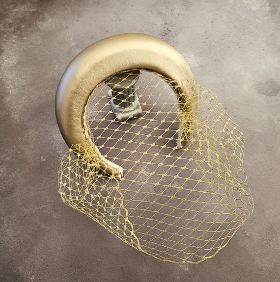 Gold Leatherette Fascinator Headband With Veil, Vegan Leather Tall.