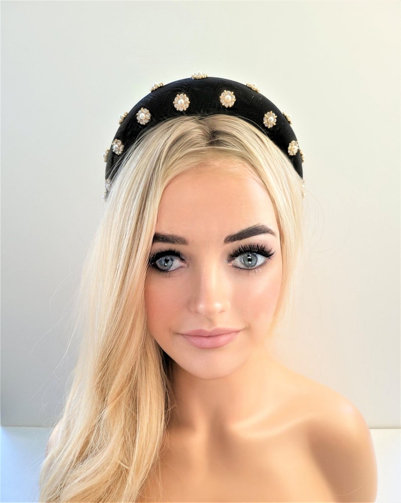 Diamante Flower Padded headband, Black Velvet Matador style, Gold tone Embellished Fascinator, 4 cms image 5