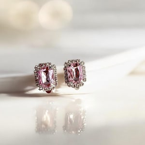 Pink Clip on Rhinestone diamante earrings, small crystal cluster, stud pierced available, rectangular