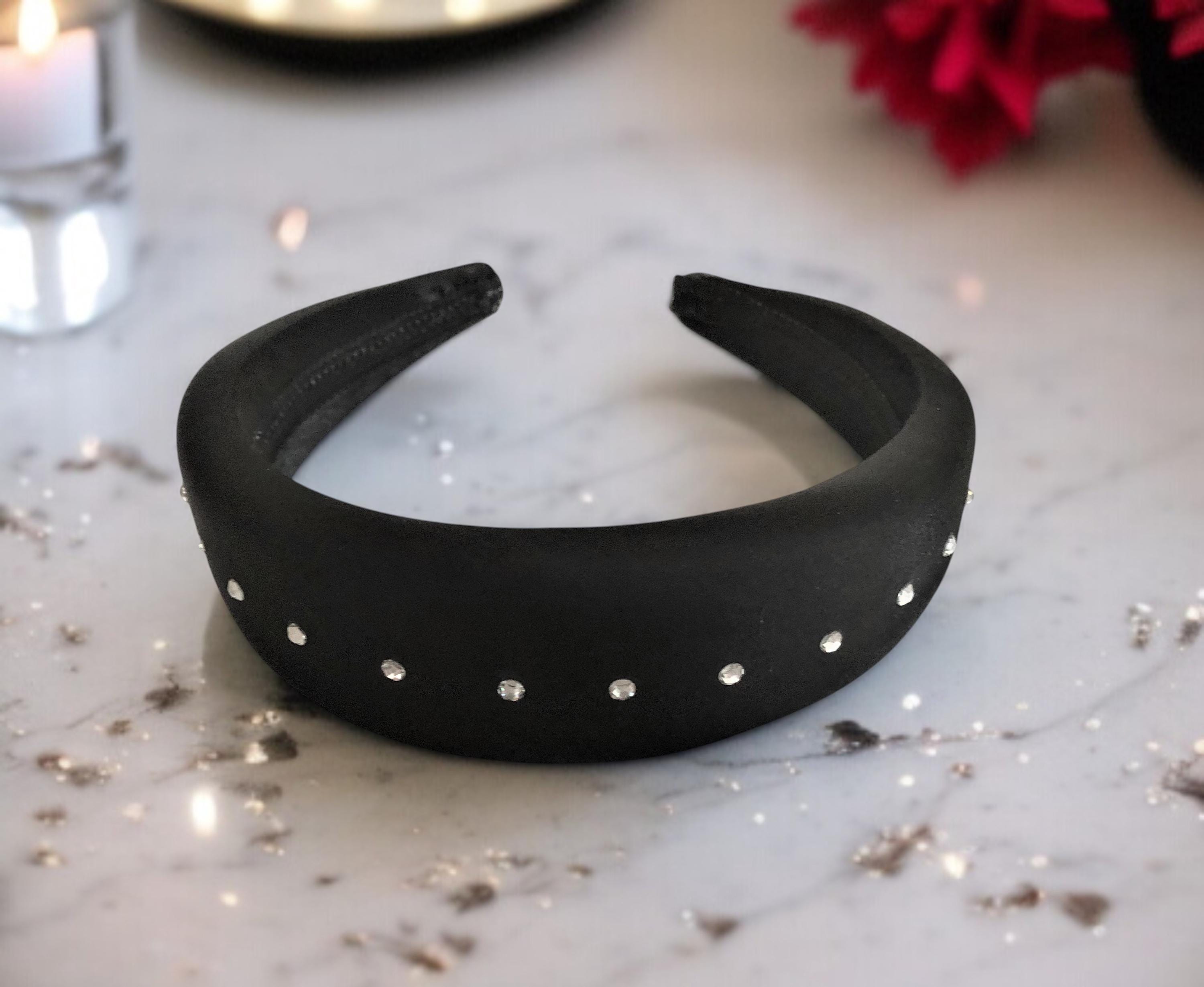 Luxury Black Satin Padded Headband With Crystals, 4 Cm Wide 