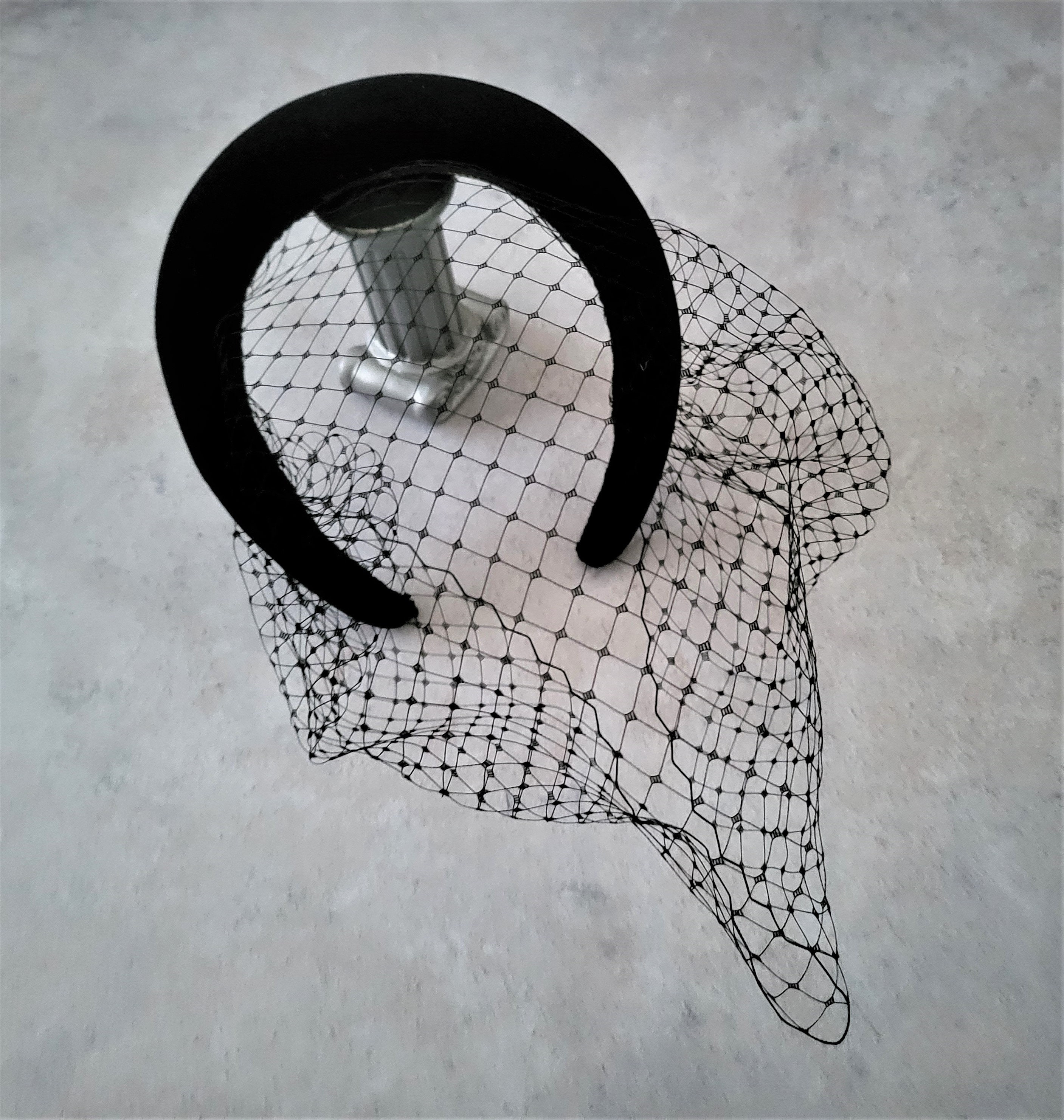 Black Velvet Veil Net Fascinator Headband Padded, With Black Velvet Veil Net Fascinator Headband Padded, With