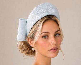 Pale Powder Blue Headband Fascinator, Back Bow Halo, 10cm Wide, Races Wedding Headpiece