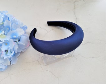 Navy Blue Satin headband Deeply Padded Duchess Satin alice band hair band 4 cms "halo"