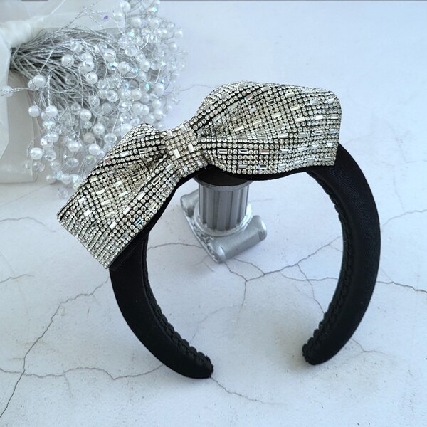 Diamante Bow Padded headband,Crystal Black Velvet Fascinator, 4 cms wide