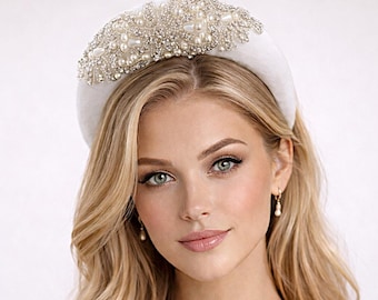 Tocado de terciopelo marfil, tocado nupcial de carrera con perlas de cristal
