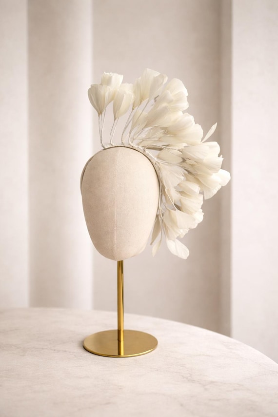 Ivory Floral Feather Fascinator Headband, Tall Wedding Hat  display picture 1