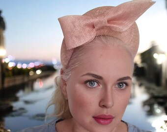 Baby Pink Bow Fascinator Headband, Halo Sinamay Races Headpiece