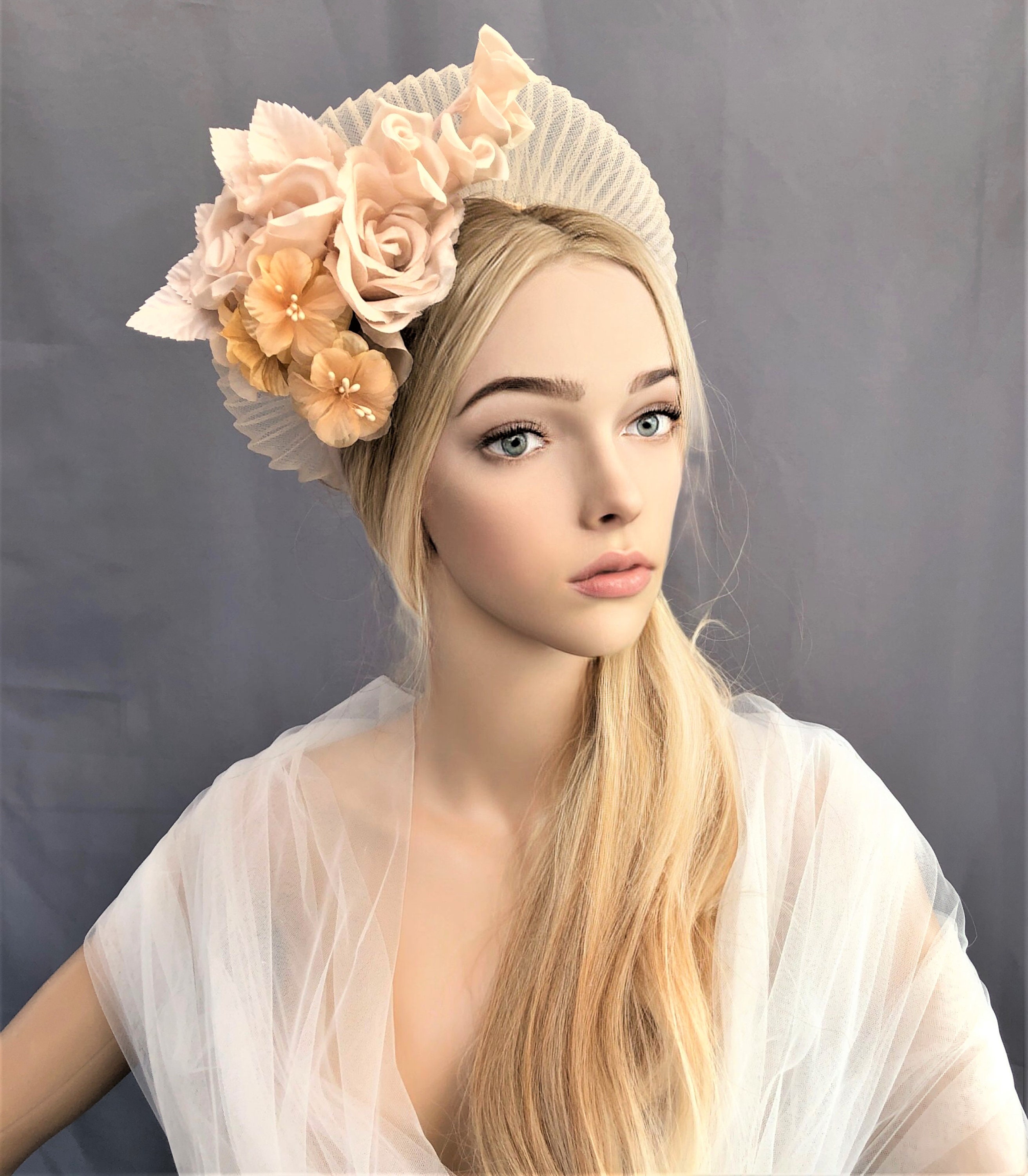 Beige Fascinator Headband, Silk Rose Flower, Halo Crown Headpiece