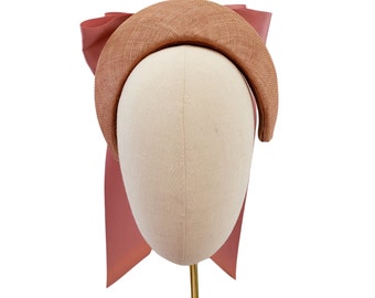 Blush Pink Satin Bow Headband Fascinator, on a Sinamay Halo Base, with tails