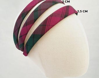 Tartan Check Plaid, Alice Band Headband Hair Band size choice, Pink Green Black