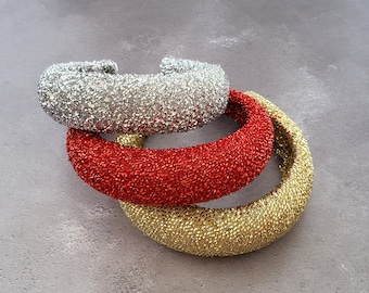 Red Gold Silver Tinsel Padded headband,  4 cms wide, Party Headpiece, Black, bump headband, poufy hairband
