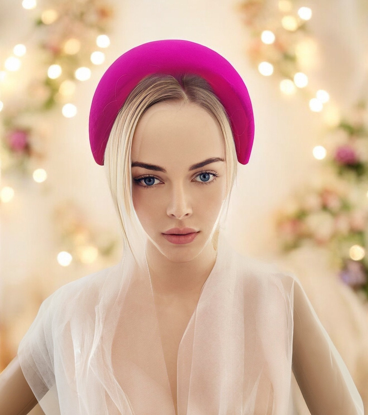 Fuchsia Pink Silk Headband Bandeau With Matching Bow  display picture 3