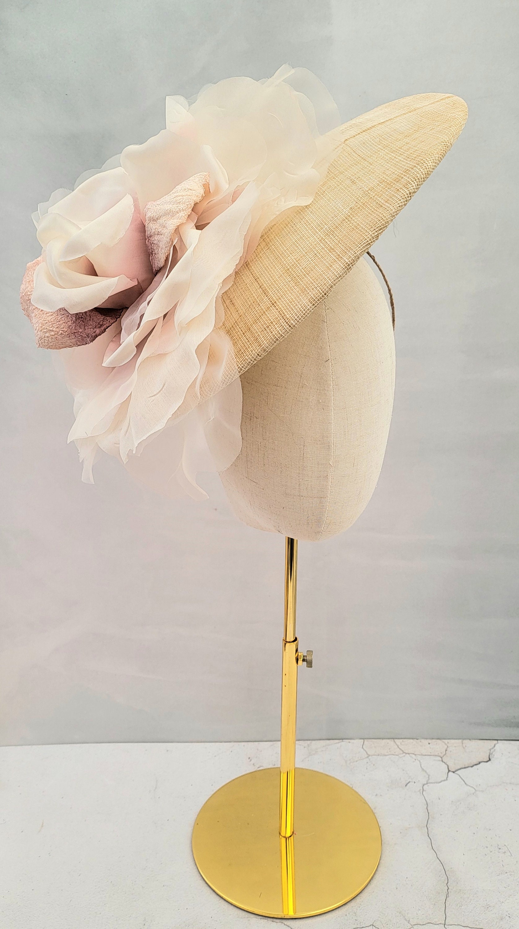 Pink Flower Fascinator, Percher Hat, Beige Saucer, Races  display picture 1