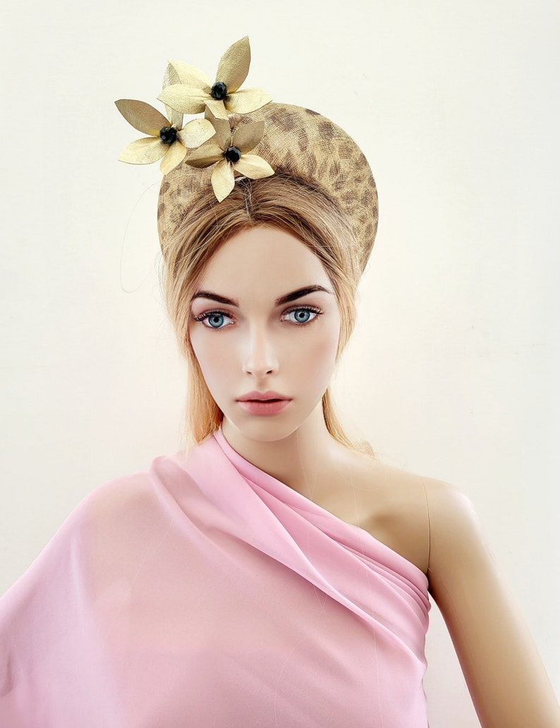 Leopard Animal Print Halo Fascinator Headband, with Gold Leather flowers, Beige Lightweight Races Headpiece image 6