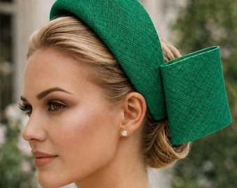 Diadema estriada verde esmeralda con lazo en la parte posterior, estilo carreras de caballos, sombrero de boda