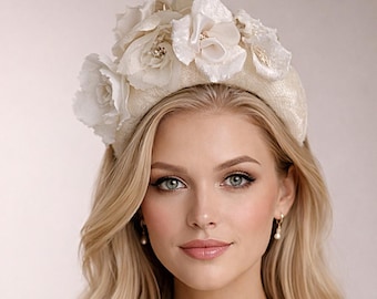 Ivory 4 Inch Wide Fascinator Headband, Wedding Guest Races Hat, Mother of Bride