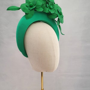 Green Satin Fascinator, Flower Headpiece, Halo Headband, Tall Padded Hair band, leather orchids, image 6