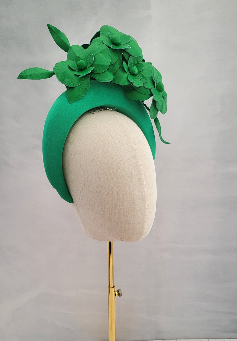 Green Satin Fascinator, Flower Headpiece, Halo Headband, Tall Padded Hair band, leather orchids, image 6