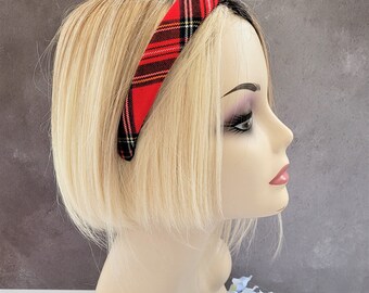 TRKETK 2 Stück Tartan Stirnbänder & 2 Haargummis Kariert - Vintage Design, Elastisch, Für Damen & Mädchen (Rot & Blau)