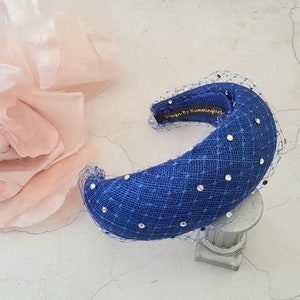 Royal Blue Fascinator Headband, with Crystal Veiling, Halo Shape, 6.5 cms Wide