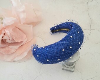 Royal Blue Fascinator Headband, with Crystal Veiling, Halo Shape, 6.5 cms Wide