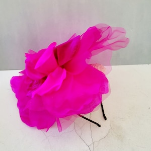 Magenta Pink Flower Pillbox Hat Fascinator, with Large Pink Organza Silk Flower, Straw Percher, image 2