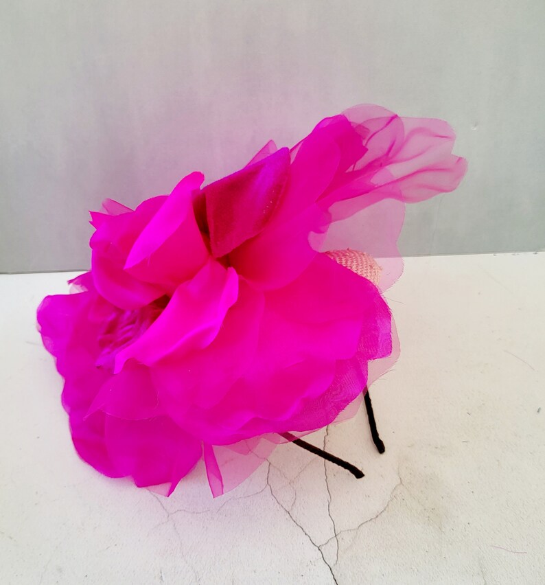 Magenta Pink Flower Pillbox Hat Fascinator, with Large Pink Organza Silk Flower, Straw Percher, image 2