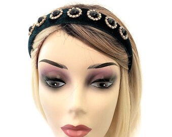 Green Velvet Jewelled Headband, Black Cabochon Diamante, 2.5  display picture 3