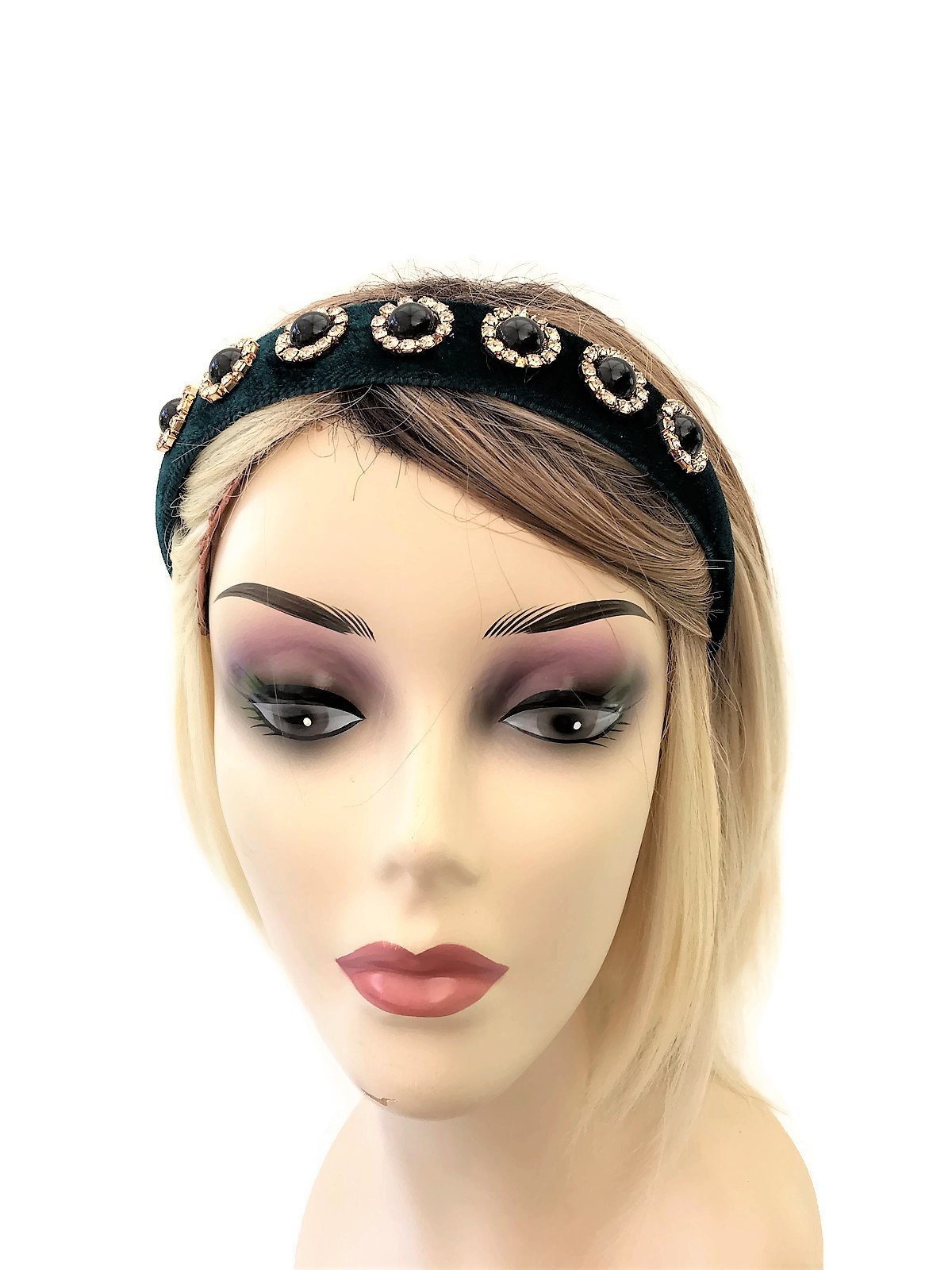 Green Velvet Jewelled Headband, Black Cabochon Diamante, 2.5  display picture 3