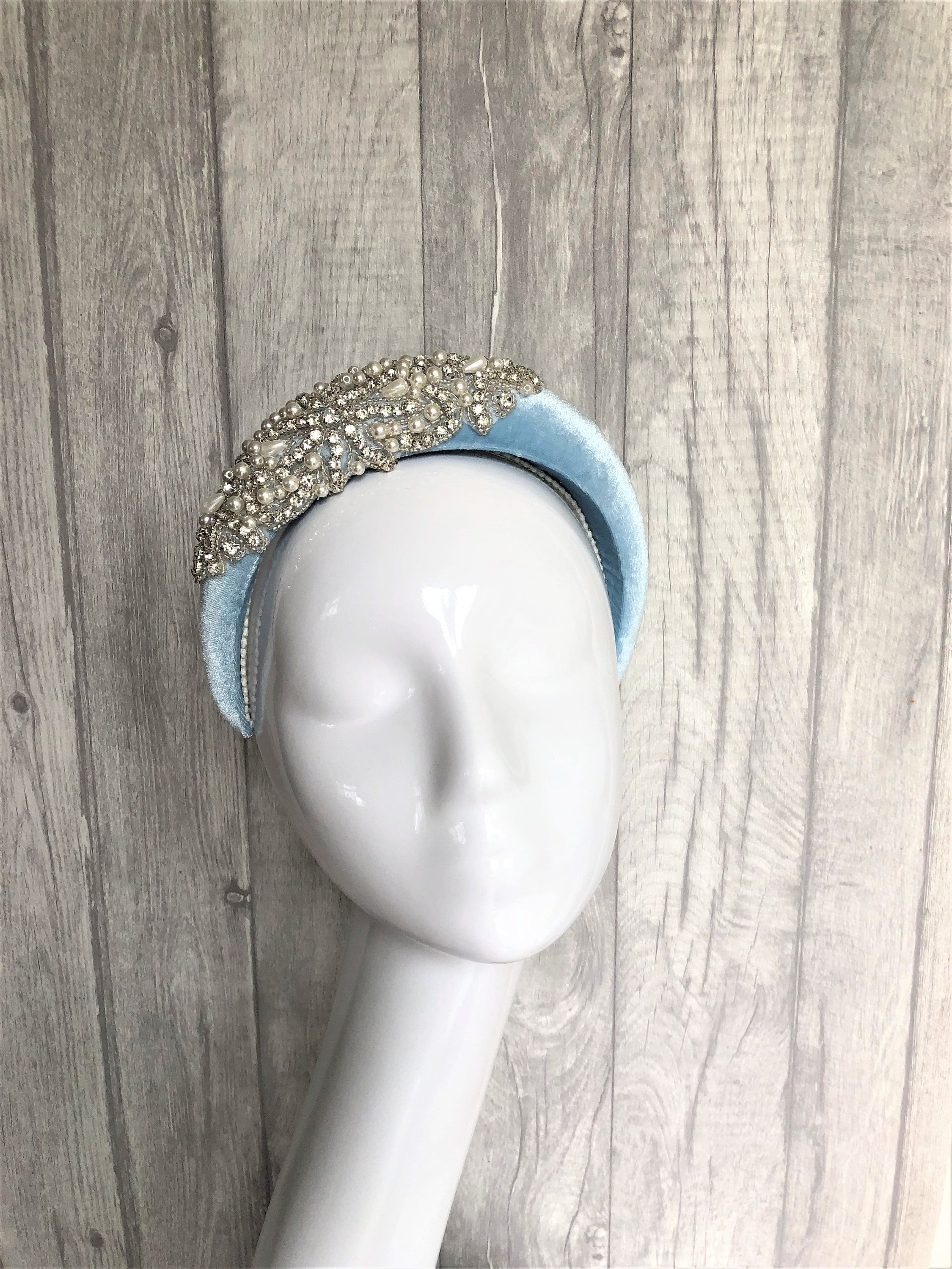 Powder Blue Velvet Jeweled Headband – Crystals & Pearls 