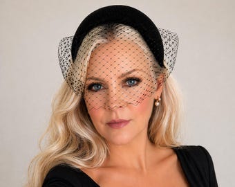 Black Velvet Tall Headband Blusher Veil Net Fascinator Wedding Races Hairpiece