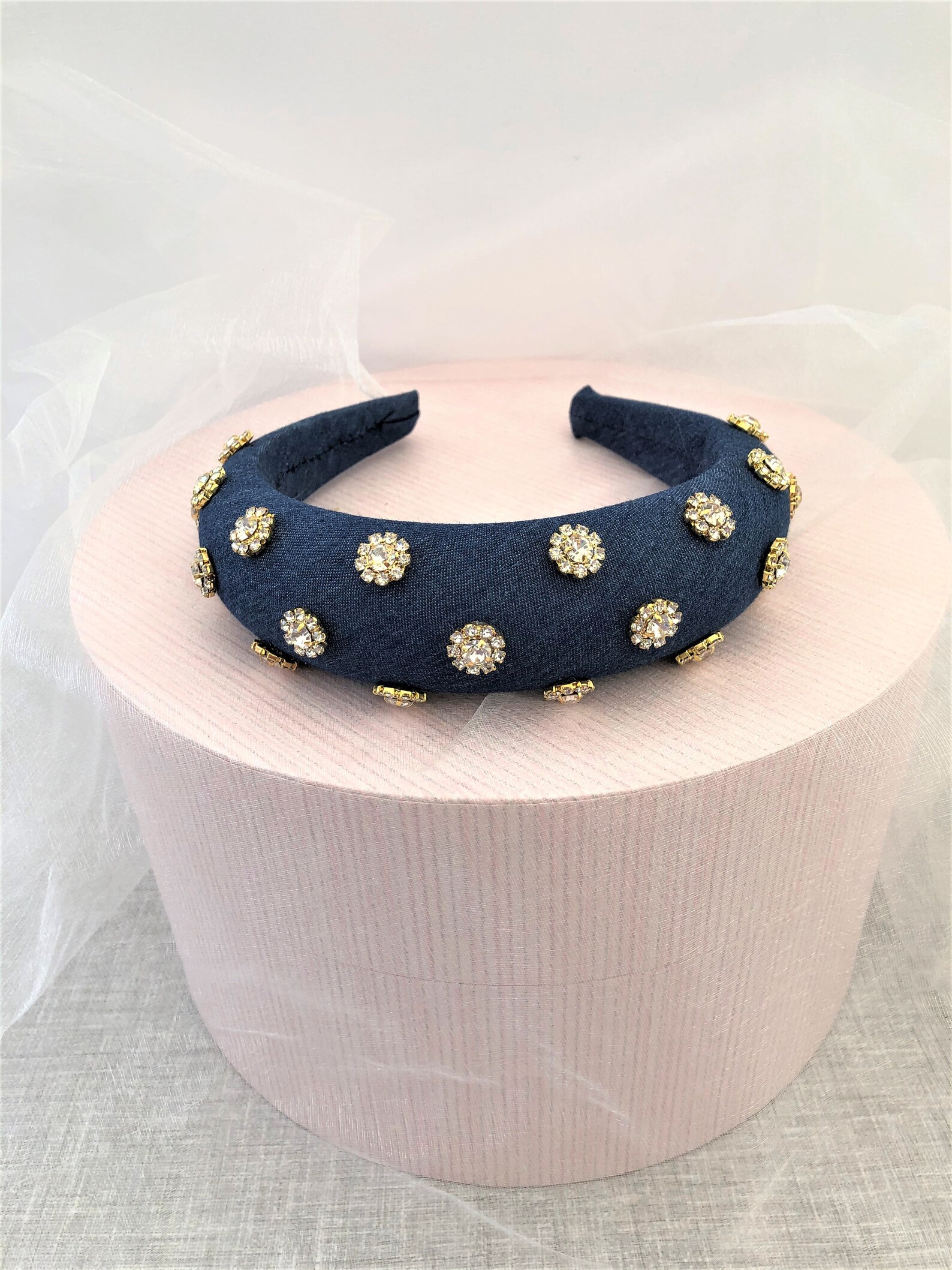 Denim Padded headband with Diamante Gold Tone Crystal Flowers Etsy