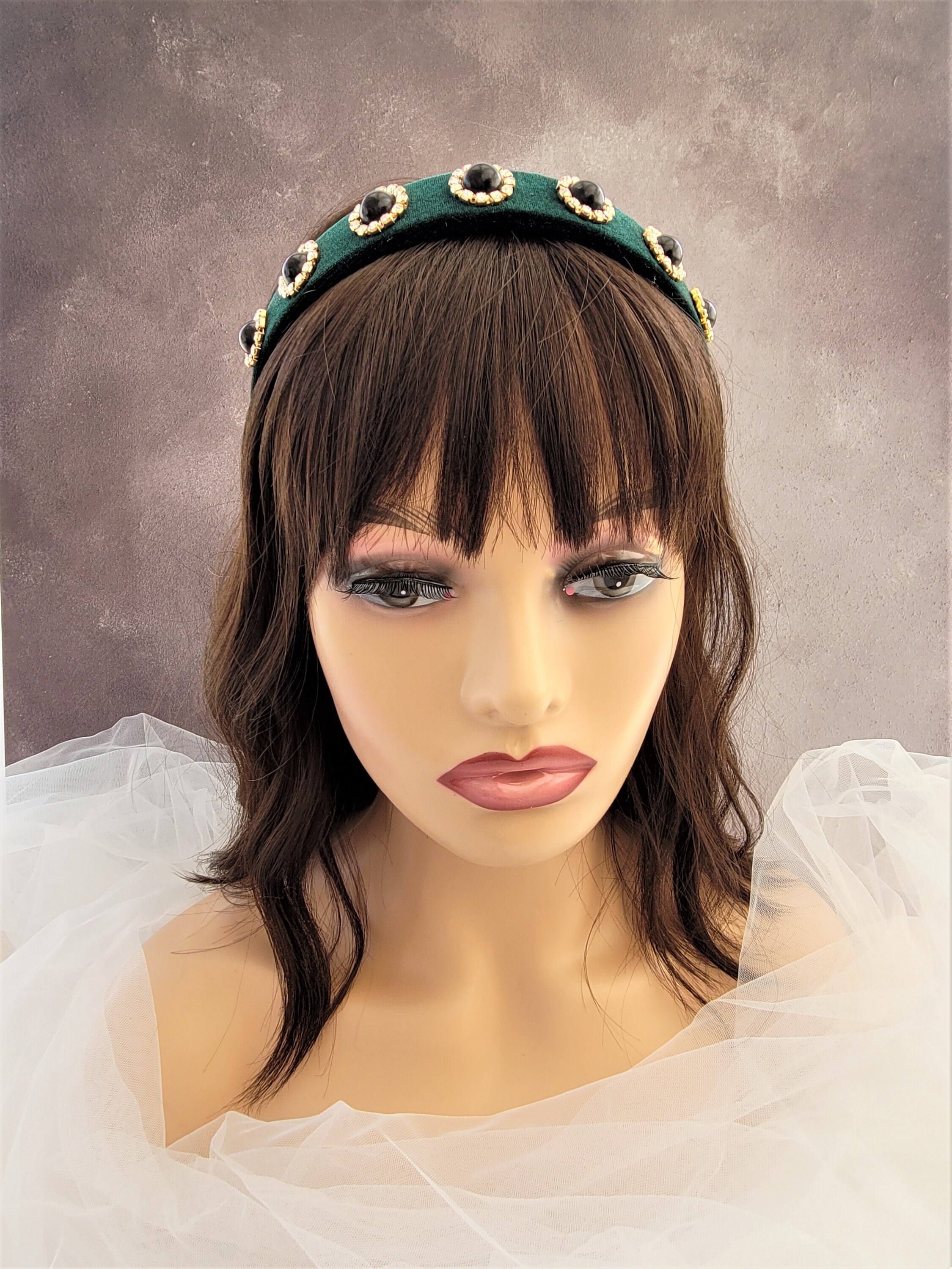 Set of 2 Jeweled Headbands Black Velvet Emerald Green Rhinestone Luxe Glam Green Velvet Jewelled Headband, Black Cabochon Diamante, 2.5  main image 2