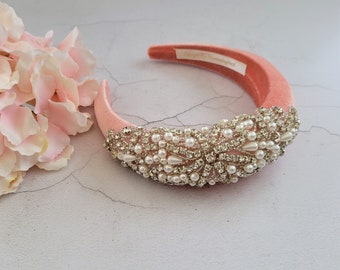 Peach Velvet Crystal Headband: Handmade Gold Embellished  display picture 3