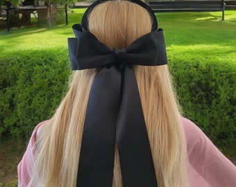 Black Big Back Bow Fascinator, on a padded velvet headband, optional tails
